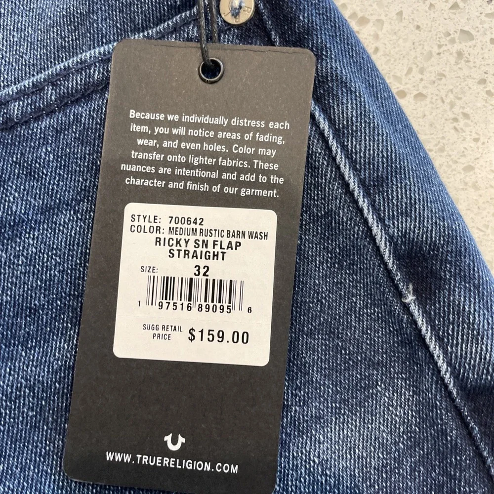 NWT True Religion Jeans Ricky Mens Size 32x34 No Flap SN Relaxed Straight Blue